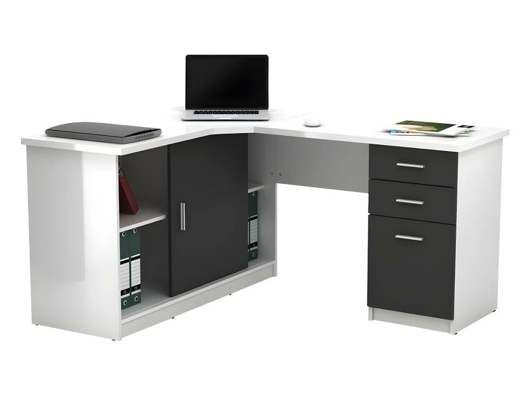 Bureau D'angle NORWY - 2 Portes & 2 Tiroirs - Blanc & Gris 3 Bureau D'angle NORWY - 2 Portes & 2 Tiroirs - Blanc & Gris – Image 3