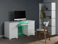 Bureau PLUTON - MDF Laqué Blanc - LEDs - 1 Porte & 3 Tiroirs
