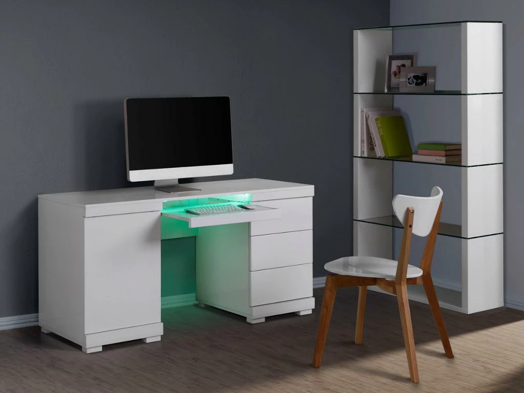 Bureau PLUTON - MDF Laqué Blanc - LEDs - 1 Porte & 3 Tiroirs 1 Bureau PLUTON - MDF Laqué Blanc - LEDs - 1 Porte & 3 Tiroirs
