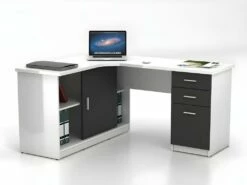 Bureau D'angle NORWY - 2 Portes & 2 Tiroirs - Blanc & Gris