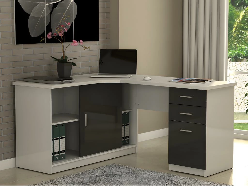 Bureau D'angle NORWY - 2 Portes & 2 Tiroirs - Blanc & Gris 2 Bureau D'angle NORWY - 2 Portes & 2 Tiroirs - Blanc & Gris – Image 2