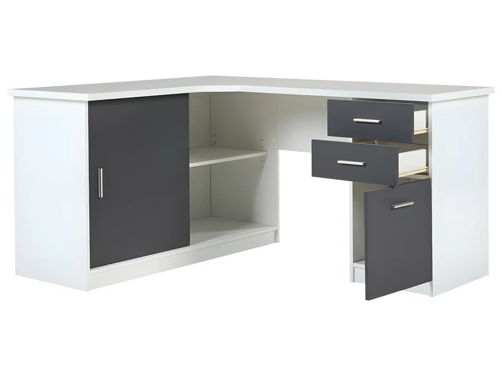 Bureau D'angle NORWY - 2 Portes & 2 Tiroirs - Blanc & Gris 9 Bureau D'angle NORWY - 2 Portes & 2 Tiroirs - Blanc & Gris – Image 9