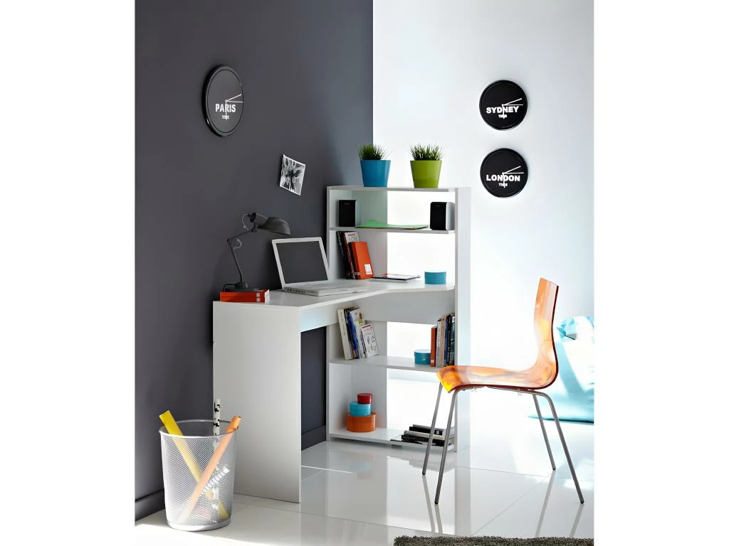 Bureau D'angle DELFINO - 4 étagères - Blanc 3 Bureau D'angle DELFINO - 4 étagères - Blanc – Image 3