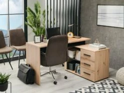 Bureau D'angle DEVEN Avec Rangements - 3 Tiroirs - Coloris : Chêne Et Noir -mobilier de bureau Shop bureau 389841