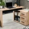 Bureau D'angle DEVEN Avec Rangements - 3 Tiroirs - Coloris : Chêne Et Noir