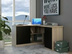 Bureau D'angle NORWY - 2 Portes & 2 Tiroirs - Chêne Et Noir