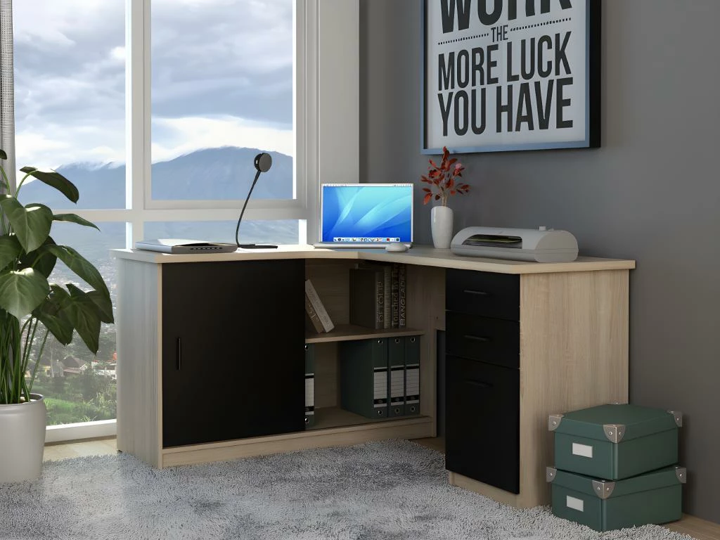 Bureau D'angle NORWY - 2 Portes & 2 Tiroirs - Chêne Et Noir 1 Bureau D'angle NORWY - 2 Portes & 2 Tiroirs - Chêne Et Noir