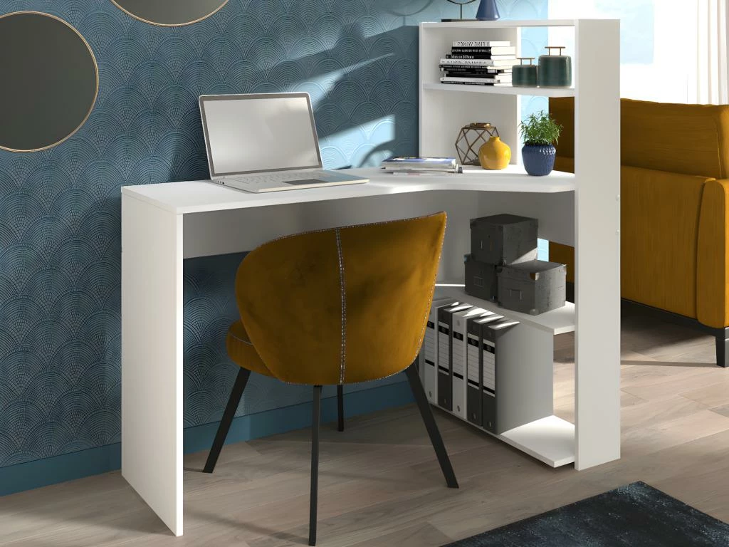 Bureau D'angle DELFINO - 4 étagères - Blanc 2 Bureau D'angle DELFINO - 4 étagères - Blanc – Image 2