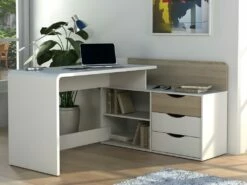Bureau D'angle DECLAN II - MDF - 3 Tiroirs & 2 Niches - Coloris : Blanc & Chêne