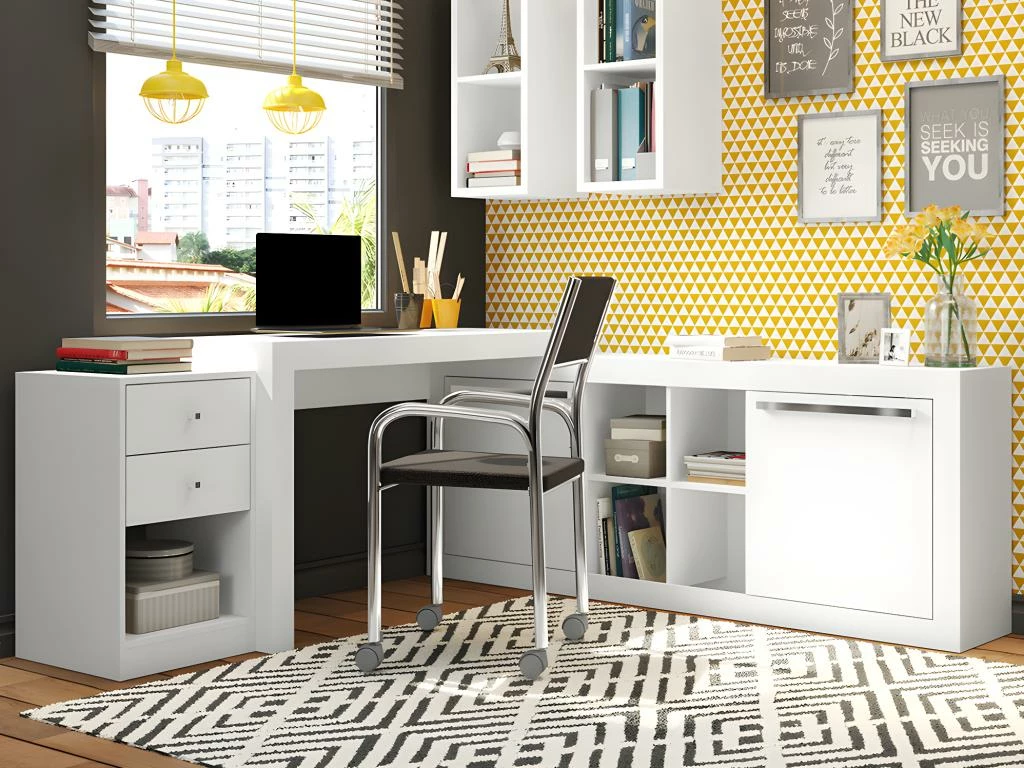 Bureau D'angle - 2 Tiroirs Et 2 Portes - Coloris : Blanc - EVAN 1 Bureau D'angle - 2 Tiroirs Et 2 Portes - Coloris : Blanc - EVAN