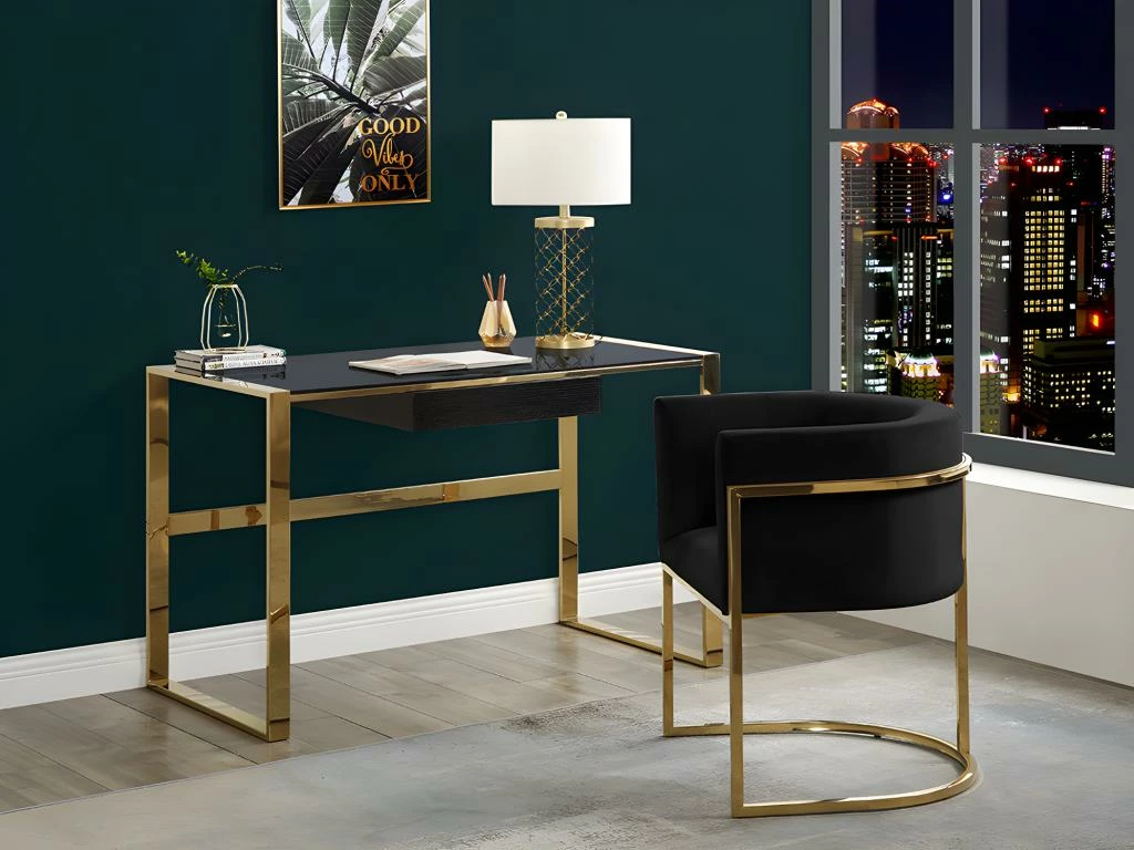 Bureau Avec 1 Tiroir - Verre Trempé Et Acier - Noir Et Doré - SALI De Pascal Morabito 1 Bureau Avec 1 Tiroir - Verre Trempé Et Acier - Noir Et Doré - SALI De Pascal Morabito