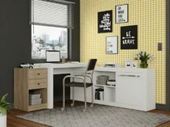 Bureau D'angle - 2 Tiroirs Et 2 Portes - Coloris : Blanc Et Chêne - EVAN