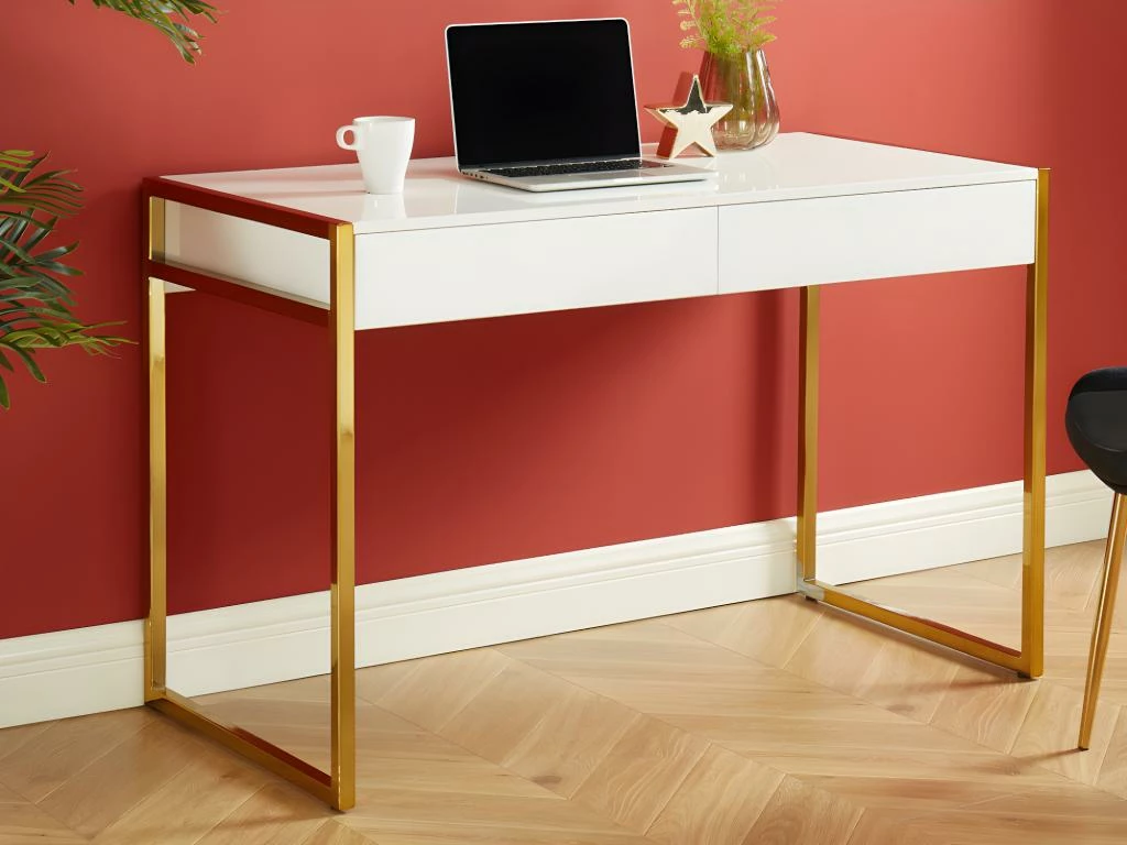 Bureau Avec 2 Tiroirs - MDF Laqué Et Métal - Blanc Et Doré - MASON De Pascal Morabito 2 Bureau Avec 2 Tiroirs - MDF Laqué Et Métal - Blanc Et Doré - MASON De Pascal Morabito – Image 2