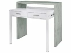 Table Console Billings, Bureau Avec Plateau Extensible, Bureau PC Avec 2 Tiroirs, 99x36h88 Cm, Ciment Et Blanc