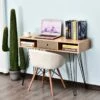Table D'appoint Console Design Scandinave Graphique Dim. 100L X 35l X 75H Cm 2 Niches Tiroir Pieds Effilés Acier Noir Panneaux Particules Chêne