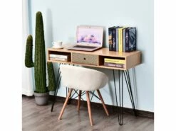 Table D'appoint Console Design Scandinave Graphique Dim. 100L X 35l X 75H Cm 2 Niches Tiroir Pieds Effilés Acier Noir Panneaux Particules Chêne