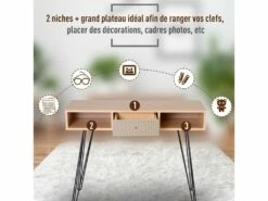 Table D'appoint Console Design Scandinave Graphique Dim. 100L X 35l X 75H Cm 2 Niches Tiroir Pieds Effilés Acier Noir Panneaux Particules Chêne -mobilier de bureau Shop console 12629117