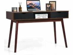 Bureau D'ordinateur, Bureau Pc 120 Cm, Avec 2 Tiroirs Et Compartiment De Rangement Ouvert