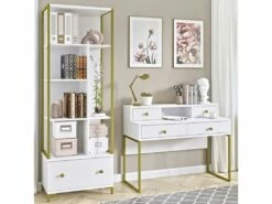 Ensemble De 2 Meubles De Bureau. Console Et étagère Collection DOUGLAS Coloris Blanc Et Doré