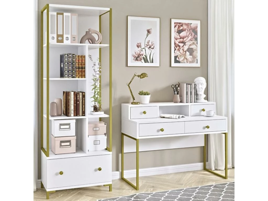 Ensemble De 2 Meubles De Bureau. Console Et étagère Collection DOUGLAS Coloris Blanc Et Doré 1 Ensemble De 2 Meubles De Bureau. Console Et étagère Collection DOUGLAS Coloris Blanc Et Doré