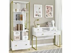 Bureau Console Avec 4 Tiroirs Collection DOUGLAS Coloris Blanc Et Doré -mobilier de bureau Shop console 9182783