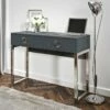 Bureau Console Avec 2 Tiroirs Collection MELTON Coloris Gris, Pieds En Fer Chromés.
