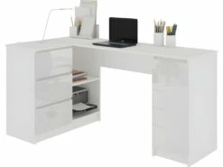 BALAUR | Bureau Informatique D'angle Moderne 155x85x77 Cm | 3 Tiroirs Gloss + Grandes Niches | Table Ordinateur Multi-rangements