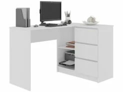 SUNDAR - Bureau Informatique D'angle - 124x85x77cm - 3 Tiroirs + 2 Grandes Niches - Table D'ordinateur Multi-rangements