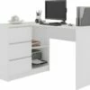 SUNDAR - Bureau Informatique D'angle - 124x85x77cm - 3 Tiroirs + 2 Niches - Table D'ordinateur Multi-rangements