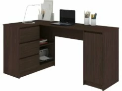 BALAUR | Bureau Informatique D'angle Contemporain 155x85x77cm | 3 Tiroirs + Porte | Table Ordinateur Multi-rangements