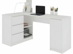 BALAUR | Bureau Informatique D'angle Moderne 155x85x77 Cm | 3 Tiroirs + Grandes Niches | Table Ordinateur Multi-rangements