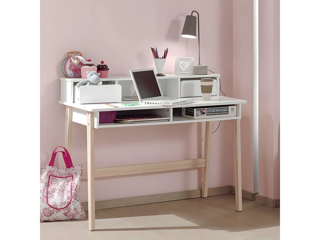 BODHI WHITE - Bureau 2 Tiroirs + Niches Blanc Et Bois 2 BODHI WHITE - Bureau 2 Tiroirs + Niches Blanc Et Bois – Image 2