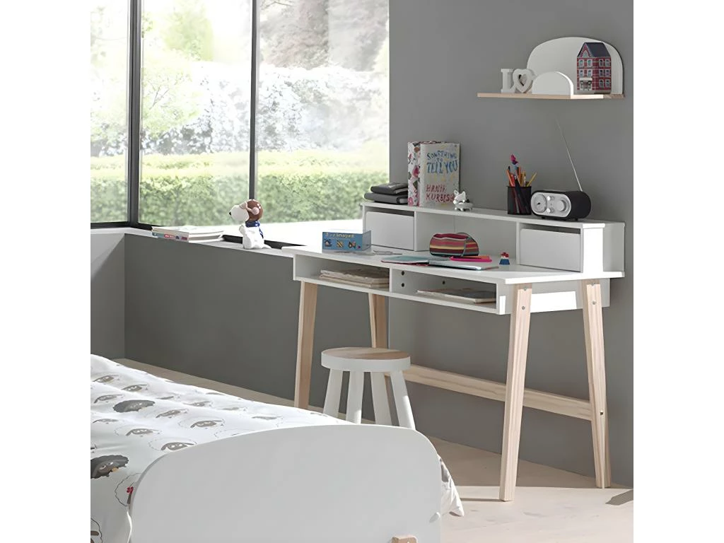 BODHI WHITE - Bureau 2 Tiroirs + Niches Blanc Et Bois 3 BODHI WHITE - Bureau 2 Tiroirs + Niches Blanc Et Bois – Image 3