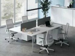 Bureau Bench 4 Personnes - Blanc - L140 Cm - Avec Séparateurs - DOWNTOWN