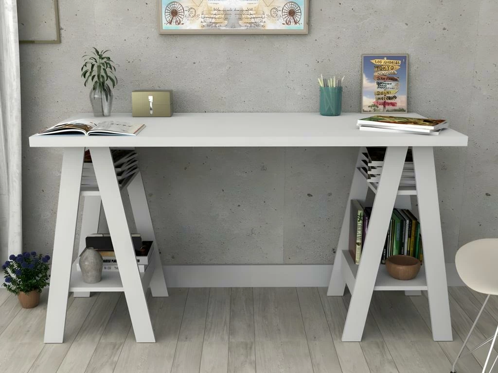 Bureau 2 Tréteaux Blanc 4 Etagères 2 Bureau 2 Tréteaux Blanc 4 Etagères – Image 2