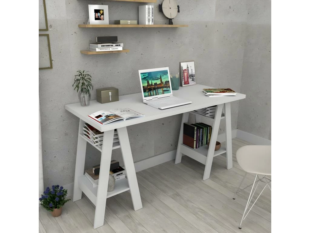 Bureau 2 Tréteaux Blanc 4 Etagères 4 Bureau 2 Tréteaux Blanc 4 Etagères – Image 4