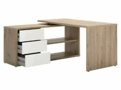 Bureau D'angle 139 Cm Finition Chêne Et Blanc Laqué 3 Tiroirs - ETHEL -mobilier de bureau Shop meuble bureau 12339391