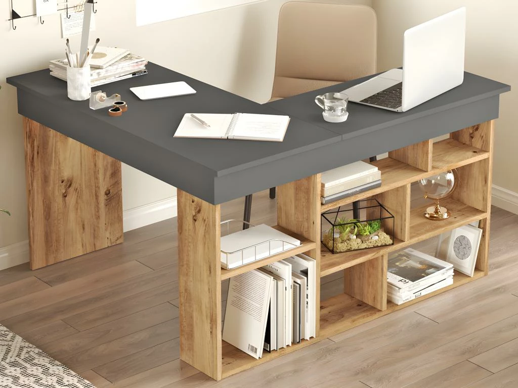 Bureau D'angle Avec Rangements - Coloris : Anthracite Et Naturel - LILEUL 4 Bureau D'angle Avec Rangements - Coloris : Anthracite Et Naturel - LILEUL – Image 4