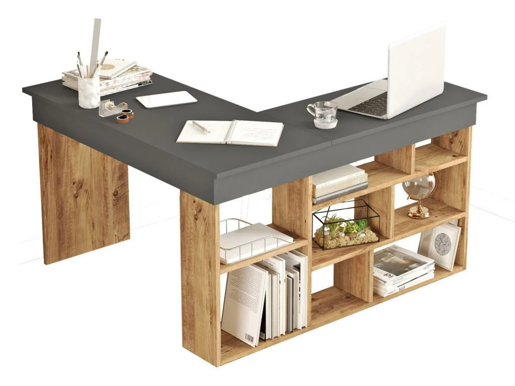 Bureau D'angle Avec Rangements - Coloris : Anthracite Et Naturel - LILEUL 7 Bureau D'angle Avec Rangements - Coloris : Anthracite Et Naturel - LILEUL – Image 7