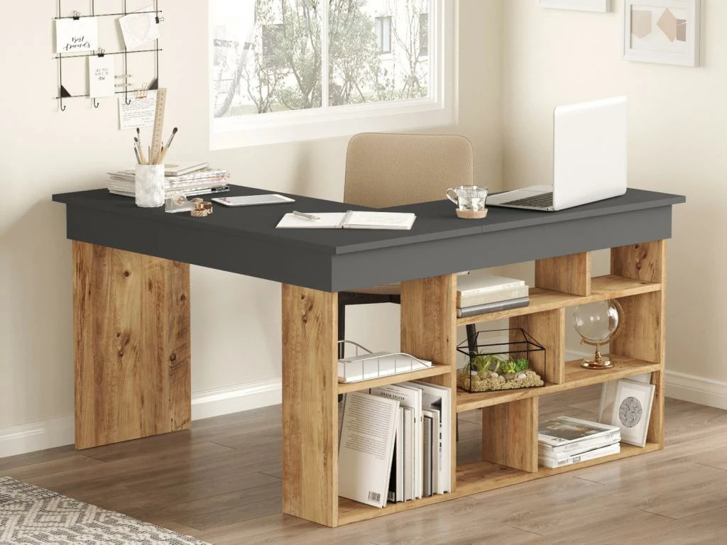 Bureau D'angle Avec Rangements - Coloris : Anthracite Et Naturel - LILEUL 1 Bureau D'angle Avec Rangements - Coloris : Anthracite Et Naturel - LILEUL