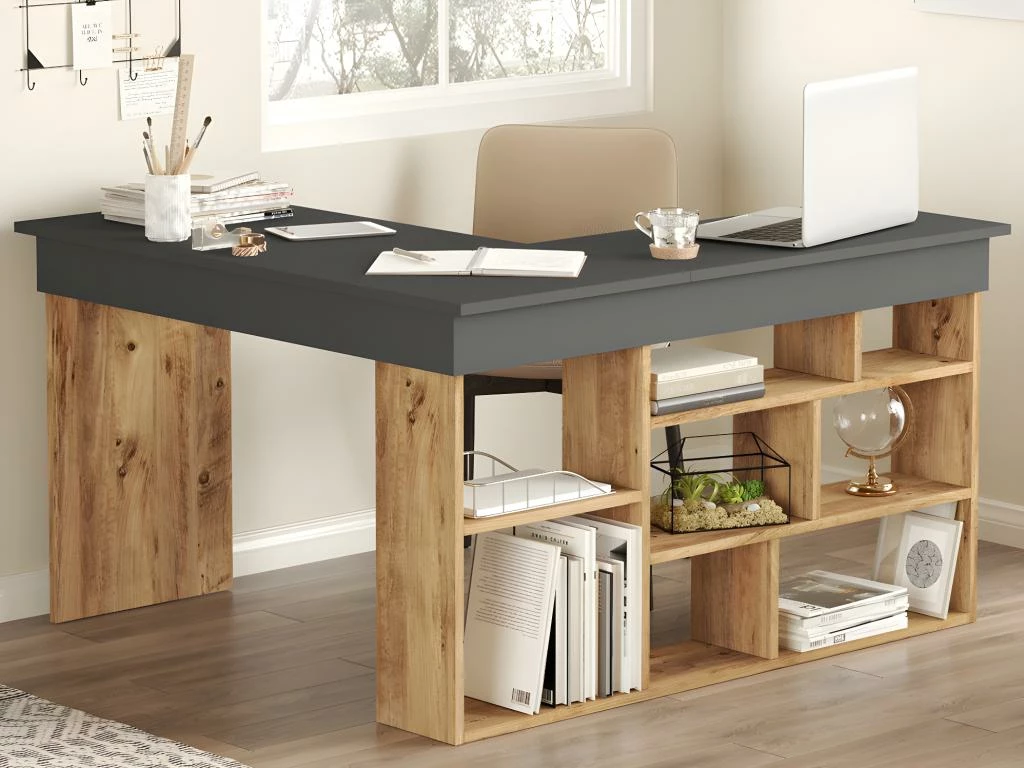 Bureau D'angle Avec Rangements - Coloris : Anthracite Et Naturel - LILEUL 2 Bureau D'angle Avec Rangements - Coloris : Anthracite Et Naturel - LILEUL – Image 2