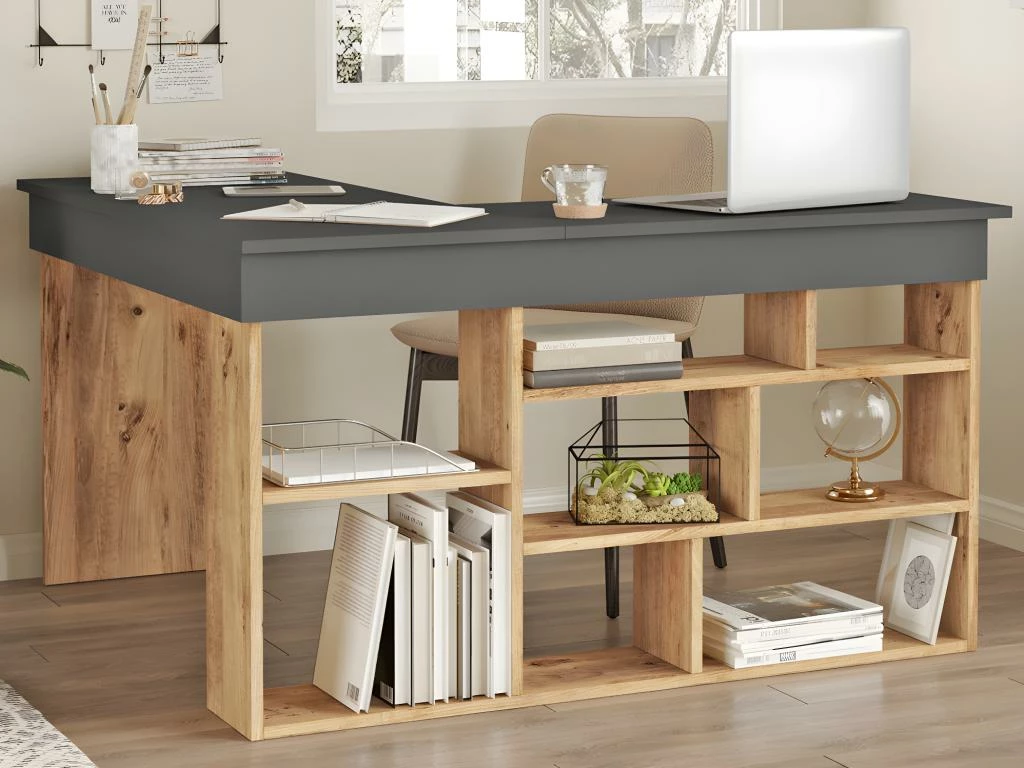Bureau D'angle Avec Rangements - Coloris : Anthracite Et Naturel - LILEUL 3 Bureau D'angle Avec Rangements - Coloris : Anthracite Et Naturel - LILEUL – Image 3