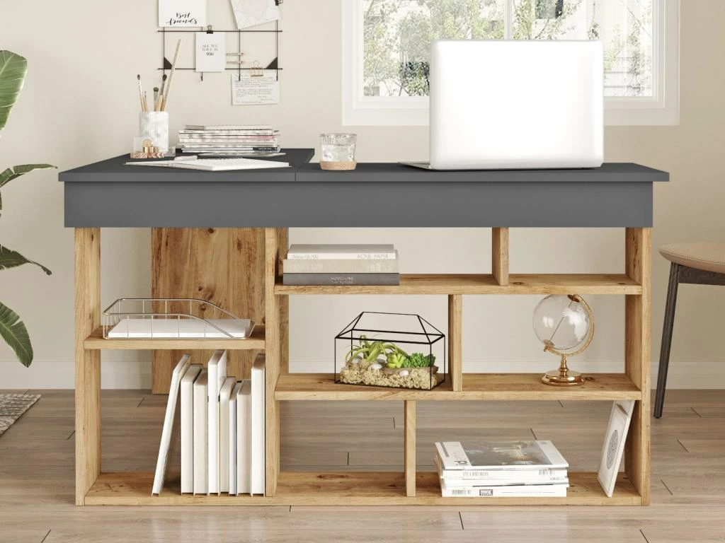 Bureau D'angle Avec Rangements - Coloris : Anthracite Et Naturel - LILEUL 5 Bureau D'angle Avec Rangements - Coloris : Anthracite Et Naturel - LILEUL – Image 5