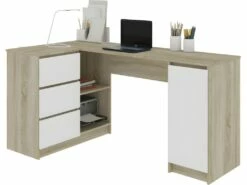 BALAUR | Bureau Informatique D'angle Chambre/bureau 155x85x77cm | 3 Tiroirs + Porte | Table Ordinateur Multi-rangements