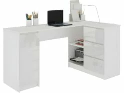 BALAUR | Bureau Informatique D'angle Moderne 155x85x77cm | 3 Tiroirs Gloss + Grandes Niches | Table Ordinateur Multi-rangements