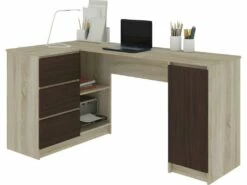 BALAUR | Bureau Informatique D'angle Style Moderne 155x85x77 Cm | 3 Tiroirs + Grandes Niches | Table Ordinateur Multi-rangements