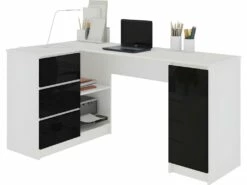 BALAUR | Bureau Informatique D'angle Contemporain 155x85x77cm | 3 Tiroirs Gloss | Table Ordinateur Multi-rangements