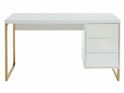 Bureau Avec 3 Tiroirs - MDF Laqué Et Métal - Blanc Et Doré - TIMFIA De Pascal Morabito -mobilier de bureau Shop meuble bureau 12556081