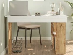 Bureau D'angle Avec Rangements - Coloris : Blanc Et Naturel - LILEUL -mobilier de bureau Shop meuble bureau 12697635