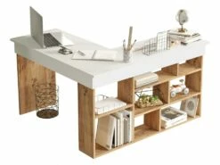 Bureau D'angle Avec Rangements - Coloris : Blanc Et Naturel - LILEUL -mobilier de bureau Shop meuble bureau 12697643